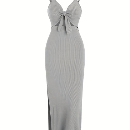vlovelaw Sexy Spaghetti Strap Ribbed Knot Cutout Side Split Maxi Dress, Solid Body-Con Dress For Spring & Fall, Women's Clothing