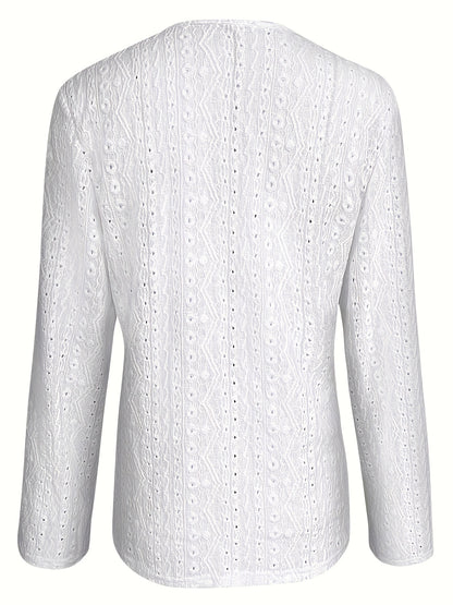 Solid Eyelet Open Front Blazer, Casual Lapel Long Sleeve Outwear For Spring & Fall, Women's Clothing