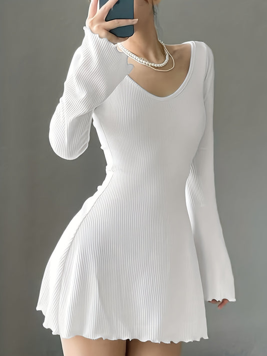 vlovelaw  Lettuce Trim Solid Dress, Elegant Crew Neck Long Sleeve Dress, Women's Clothing