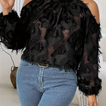 vlovelaw Plus Size Fringe Trim Top, Casual Cold Shoulder Long Sleeve Top, Women's Plus Size Clothing