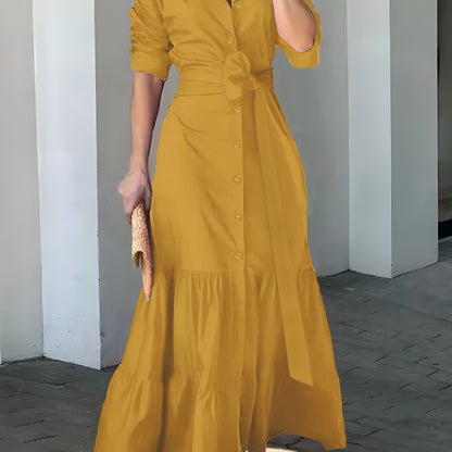 vlovelaw Solid Button Front Belted Dress, Elegant Ruched Sleeve Ruffle Trim Maxi Dress, Women's Clothing