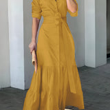 Solid Button Front Belted Dress, Elegant Ruched Sleeve Ruffle Trim Maxi Dress, Women's Clothing
