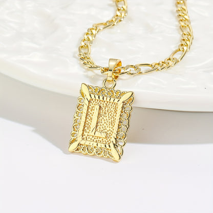 18K Gold Plated Square Monogram Pendant Necklace - Fashionable Personalized Alphabet Letter A-Z Figaro Chain Necklace for Men and Women - Copper Material, No Magnetic, No Mosaic, Plating-Free, Stylish Jewelry for Any Occasion