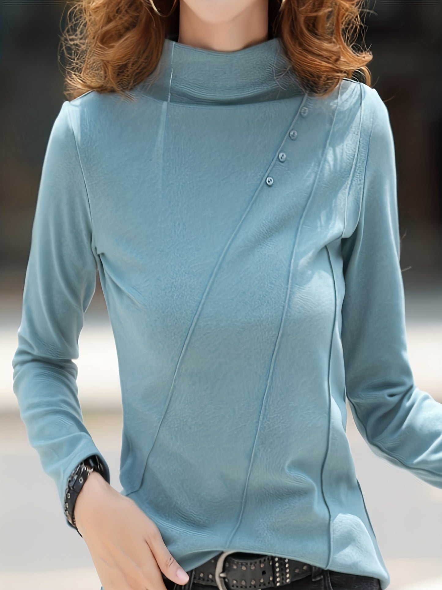 vlovelaw  Button Decor Mock Neck T-Shirt, Versatile Solid Long Sleeve T-Shirt For Spring & Fall, Women's Clothing