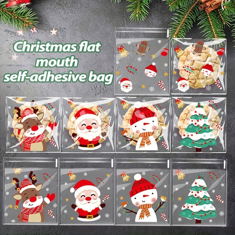 100pcs Christmas Candy Bags - Self-Adhesive Clear Plastic Snack Pouches for Holiday Party Supplies, Disposable Cookie Bags with Festive Santa, Reindeer, Snowman Designs (5 Styles)