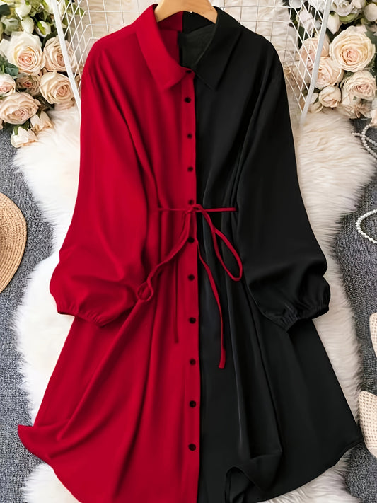 vlovelaw  Plus Size Casual Dress, Women's Plus Colorblock Lantern Sleeve Button Up Lapel Collar Belted Shirt Dress