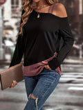 Colorblock Cold Shoulder T-Shirt, Casual Long Sleeve Top For Spring & Fall, Women's Clothing
