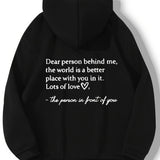 vlovelaw  Plus Size Casual Sweatshirt, Women's Plus Heart & Letter Print Long Sleeve Drawstring Hoodie