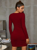 vlovelaw  Cut Out Plunging Dress, Sexy Long Sleeve Bodycon Ruched Dress, Women's Clothing