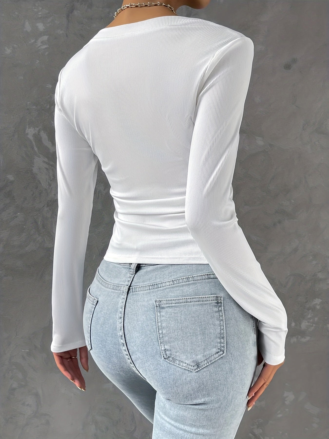 vlovelaw Ribbed V Neck Hanky Hem T-Shirt, Casual Long Sleeve Top For Spring & Fall, Women's Clothing