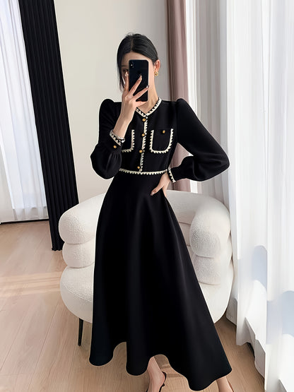 vlovelaw  Contrast Trim Cuff Sleeve Button Dress, Elegant V Neck A-line Dress For Spring & Fall, Women's Clothing
