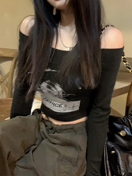 vlovelaw Graphic Print Off Shoulder T-shirt, Y2K Long Sleeve Slim Crop Top, Women's Clothing