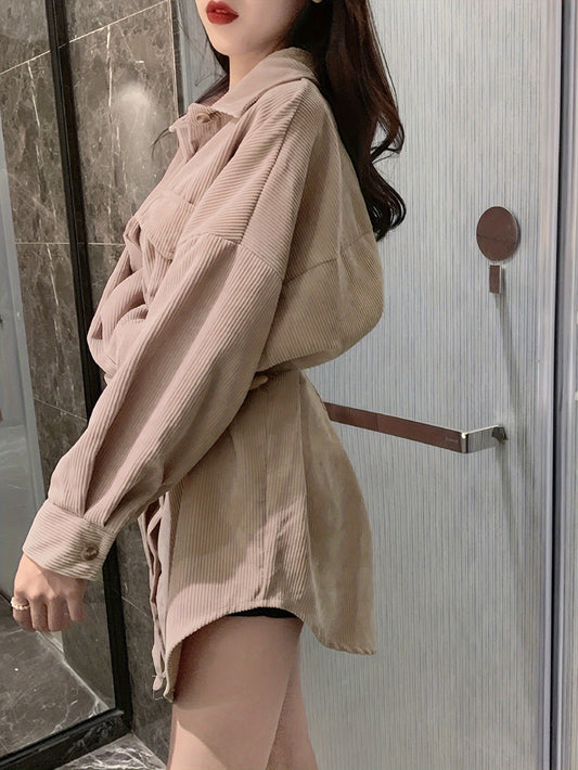 vlovelaw  Solid Single Breasted Corduroy Shirt, Casual Drop Shoulder Long Sleeve Shirt For Spring & Fall, Women's Clothing