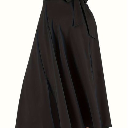 Plus Size Casual Skirt, Women's Plus Solid High Rise Belted Zipper Back A-line Skirt