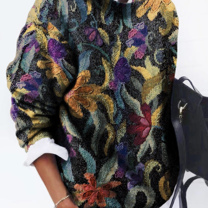 Floral Pattern Crew Neck Pullover Sweater, Casual Long Sleeve Loose Thick Sweater, Women's Clothing