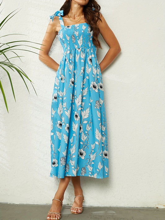 vlovelaw  Floral Print Shirred Dress, Boho Knotted Sleeveless High Waist Dress, Women's Clothing