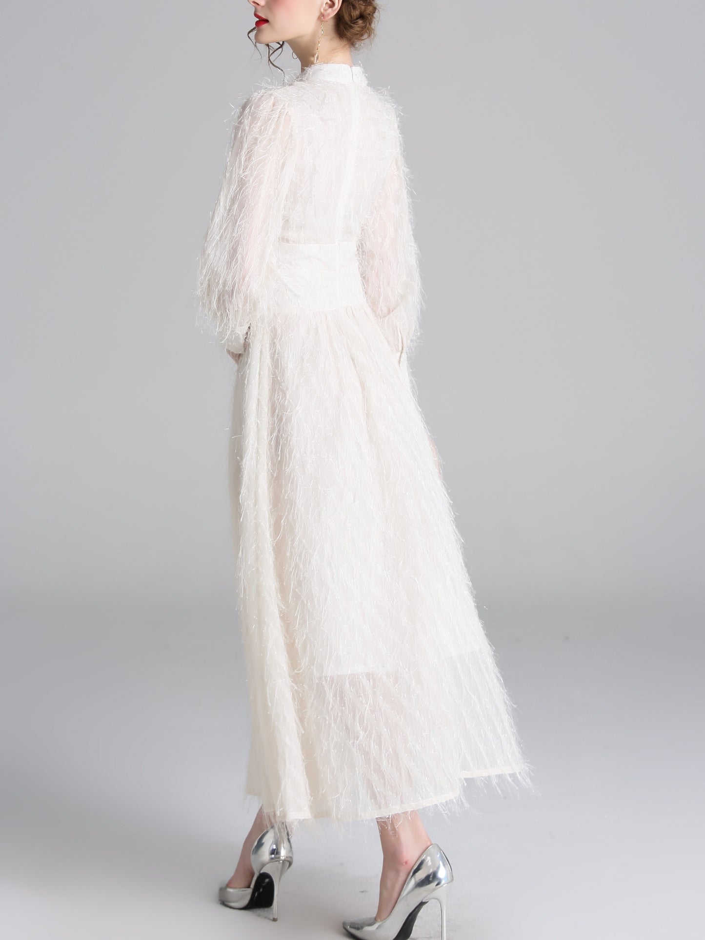 vlovelaw  Solid Mock Neck Fluffy Dress, Elegant Lantern Long Sleeve Dress For Spring & Fall, Women's Clothing
