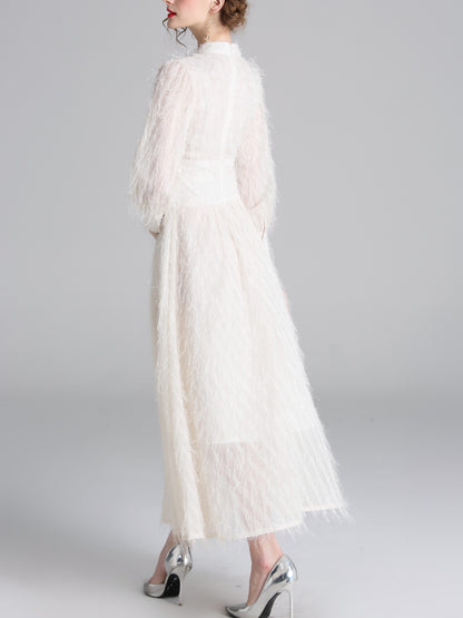 vlovelaw  Solid Mock Neck Fluffy Dress, Elegant Lantern Long Sleeve Dress For Spring & Fall, Women's Clothing