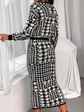 vlovelaw  Houndstooth Slim Two-piece Skirt Set, Crop Long Sleeve Top & High Waist Bodycon Skirt Outfits, Women's Clothing