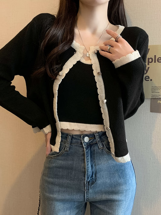 vlovelaw  Scallop Trim Button Up Knit Cardigan, Elegant Long Sleeve Slim Crop Cardigan, Women's Clothing