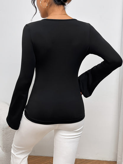 vlovelaw  Solid Color V-neck Flared  Long Sleeve Shirt, Casual Sports Yoga Fitness Top, Women's Clothing