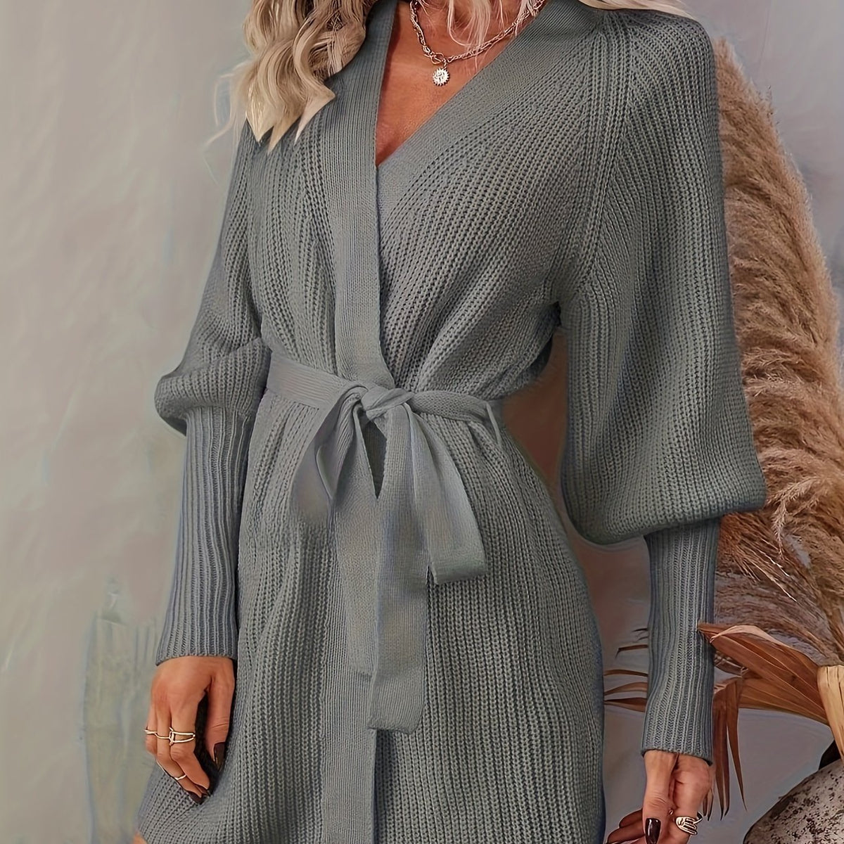 vlovelaw Long Length Solid Knit Cardigan, Casual Open Front Long Sleeve Sweater, Women's Clothing