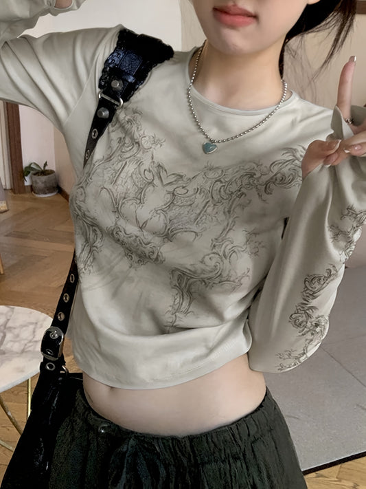 vlovelaw Abstract Print Crew Neck T-Shirt, Y2K Long Sleeve T-Shirt For Spring & Fall, Women's Clothing