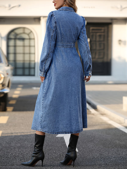 Blue Long Sleeves Denim Dress, Single Breasted Button With Waistband Lapel Denim Dress, Women's Denim Clothing