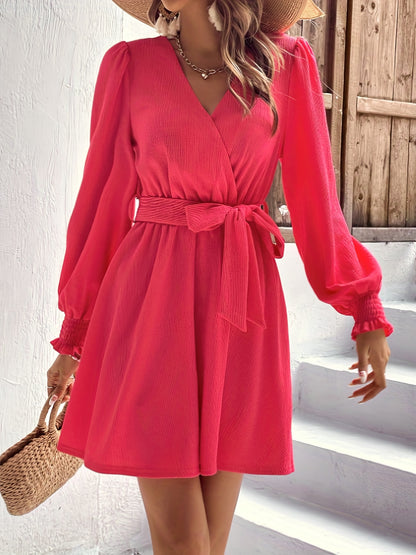 Shirred Surplice Neck Dress, Casual Long Sleeve Pleated Dress, Women's Clothing