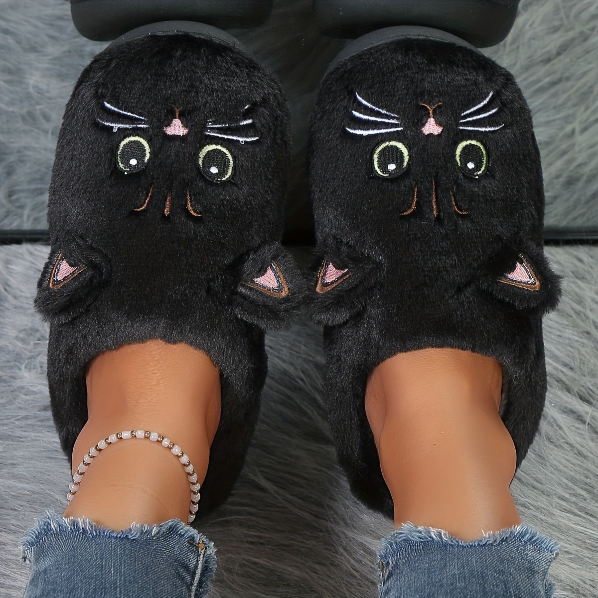 Cute Cartoon Cat Fuzzy Slippers, Creative Closed Toe Soft Sole Plush Flat Shoes, Winter Warm Home Slippers