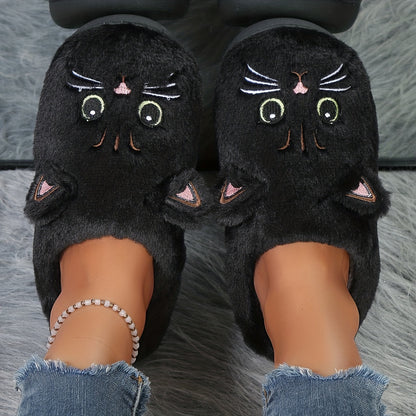 Cute Cartoon Cat Fuzzy Slippers, Creative Closed Toe Soft Sole Plush Flat Shoes, Winter Warm Home Slippers