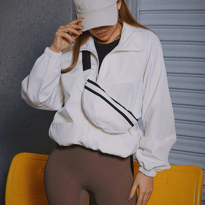 vlovelaw  Solid Zip Up Jacket, Casual Long Sleeve Windproof Daily Outerwear With Bag, Women's Clothing