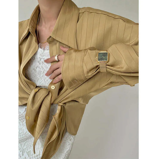 Women's Blouses Shirts Satin Silk Blouse Women  Elegant Lapel Button Up Shirt Long Sleeve Fashion Pleats Tunic Tops Casual Party Blusa Mujer T230508