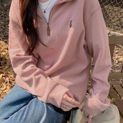 Zip Front Pullover Sweatshirt, Casual Solid Long Sleeve Sweatshirt For Fall & Winter, Women's Clothing
