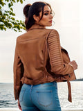 vlovelaw  Solid Leather Biker Jacket, Streetwear Long Sleeve Zipper Outerwear, Women's Clothing