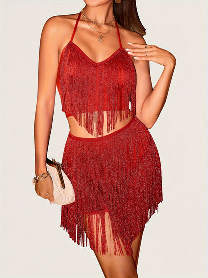 vlovelaw  Sexy Fringe Hem Two-piece Skirt Set, Halter V-neck Crop Top & High Waist Bodycon Skirt Outfits, Women's Clothing