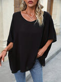 Solid Batwing Sleeve Blouse, Casual Crew Neck Versatile Blouse, Women's Clothing