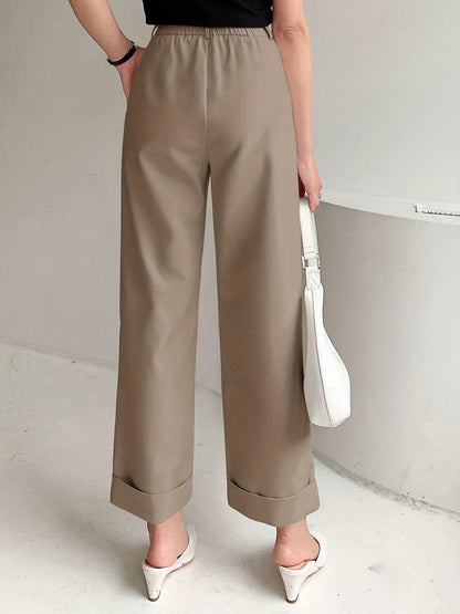Solid Button Straight Leg Pants, Casual High Waist Draped Pleated Pants, Women's Clothing