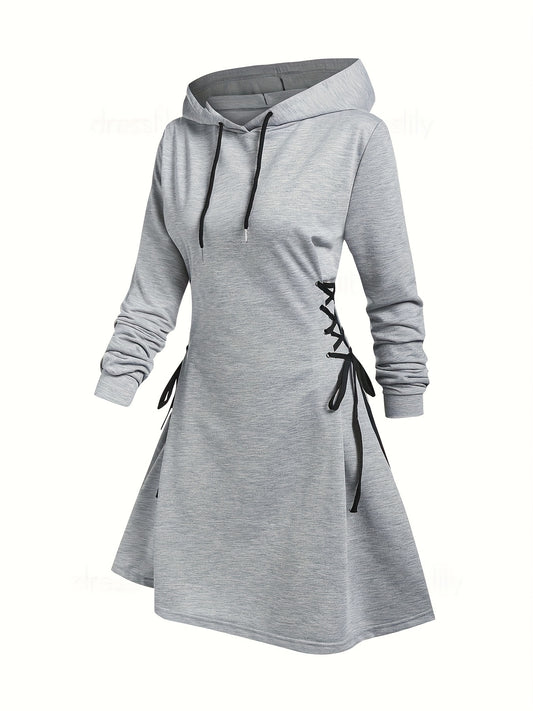 vlovelaw Drawstring Lace Up Hooded Dress, Casual Long Sleeve Solid Dress, Women's Clothing