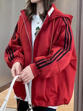 Striped Print Zip Up Jacket, Casual Drawstring Hooded Jacket, Women's Clothing