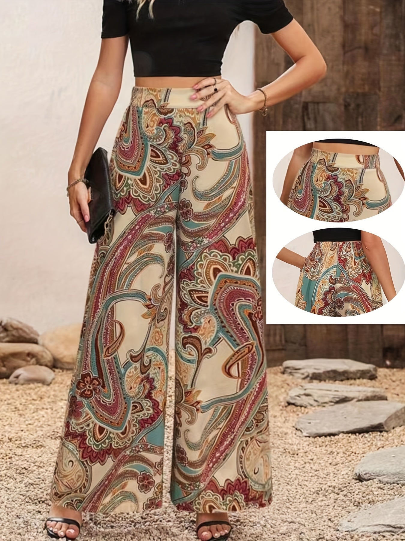 vlovelaw  Allover Print Wide Leg Pants, Elegant High Waist Loose Pants For Spring & Summer, Women's Clothing