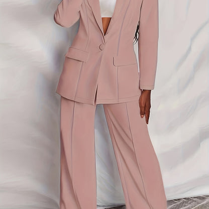 vlovelaw Plus Size Casual Suit Set, Women's Plus Solid Long Sleeve Single Breast Button Lapel Collar Suit Coat & Wide Leg Pants Suit Two Piece Set