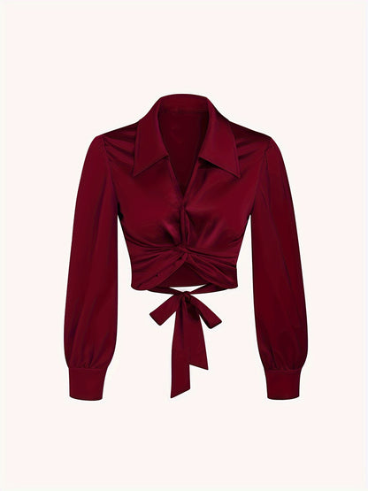 Y2K Lantern Sleeve Cross Shirts, Casual Solid V Neck Night Out Blouses Tops For Party & Club, Women's Clothing