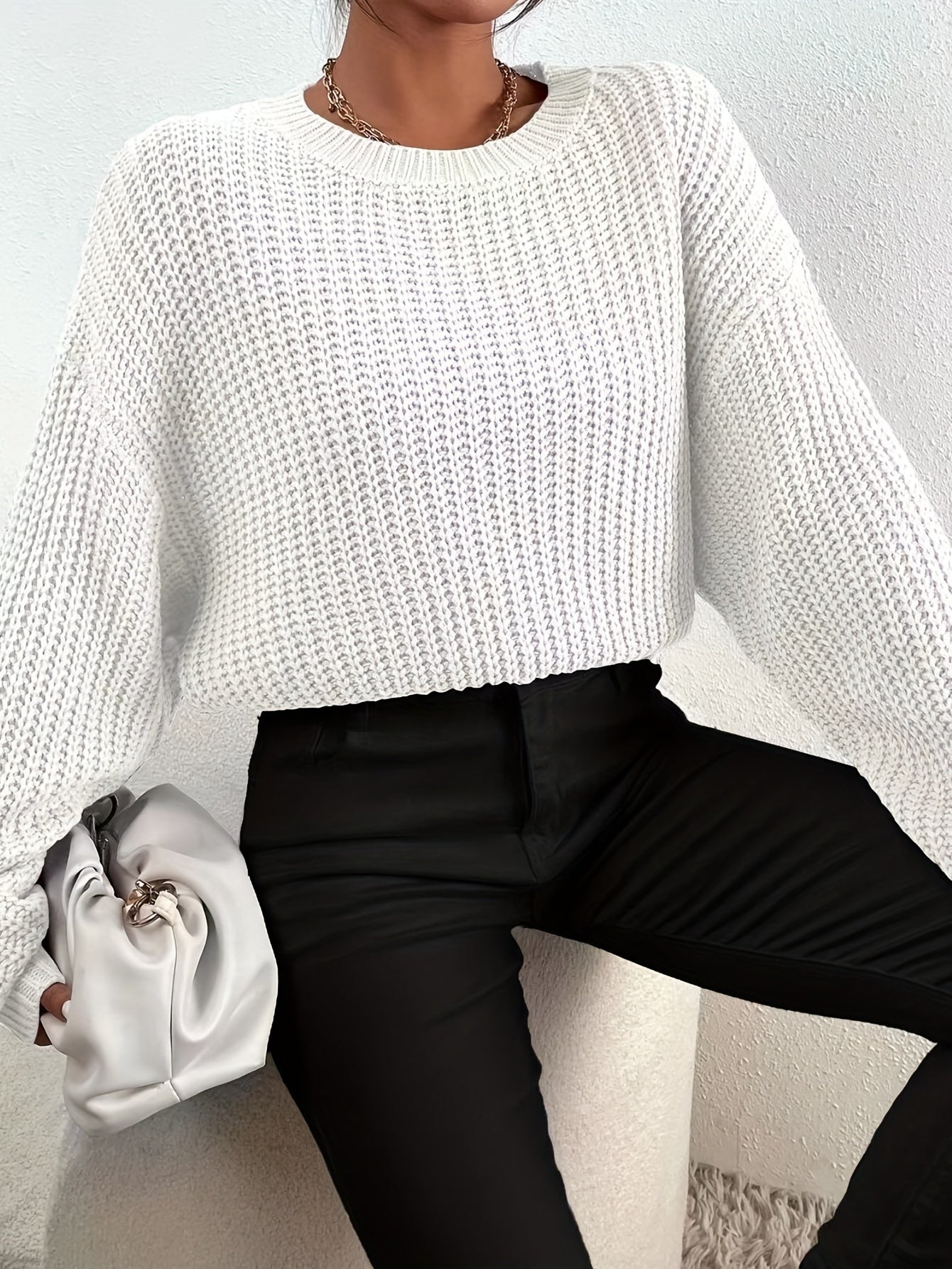 vlovelaw  Crew Neck Rib Knit Sweater, Casual Drop Shoulder Oversized Long Sleeve Loose Fall Winter Knit Sweater, Women's Clothing