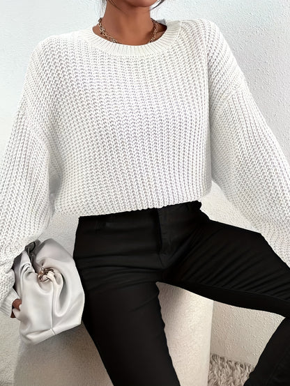 vlovelaw  Crew Neck Rib Knit Sweater, Casual Drop Shoulder Oversized Long Sleeve Loose Fall Winter Knit Sweater, Women's Clothing