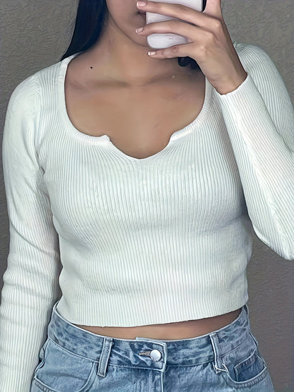 Slim Notched Neck Knit Sweater, Casual Solid Long Sleeve Sweater, Women's Clothing