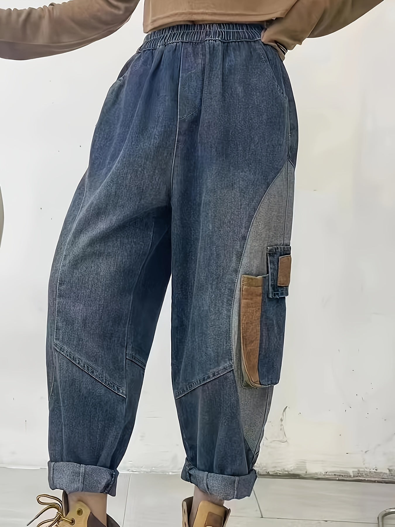 vlovelaw Elastic Waist Versatile Harem Denim Jeans, Loose Fit Slant Pockets Straight Jeans, Women's Denim Jeans & Clothing