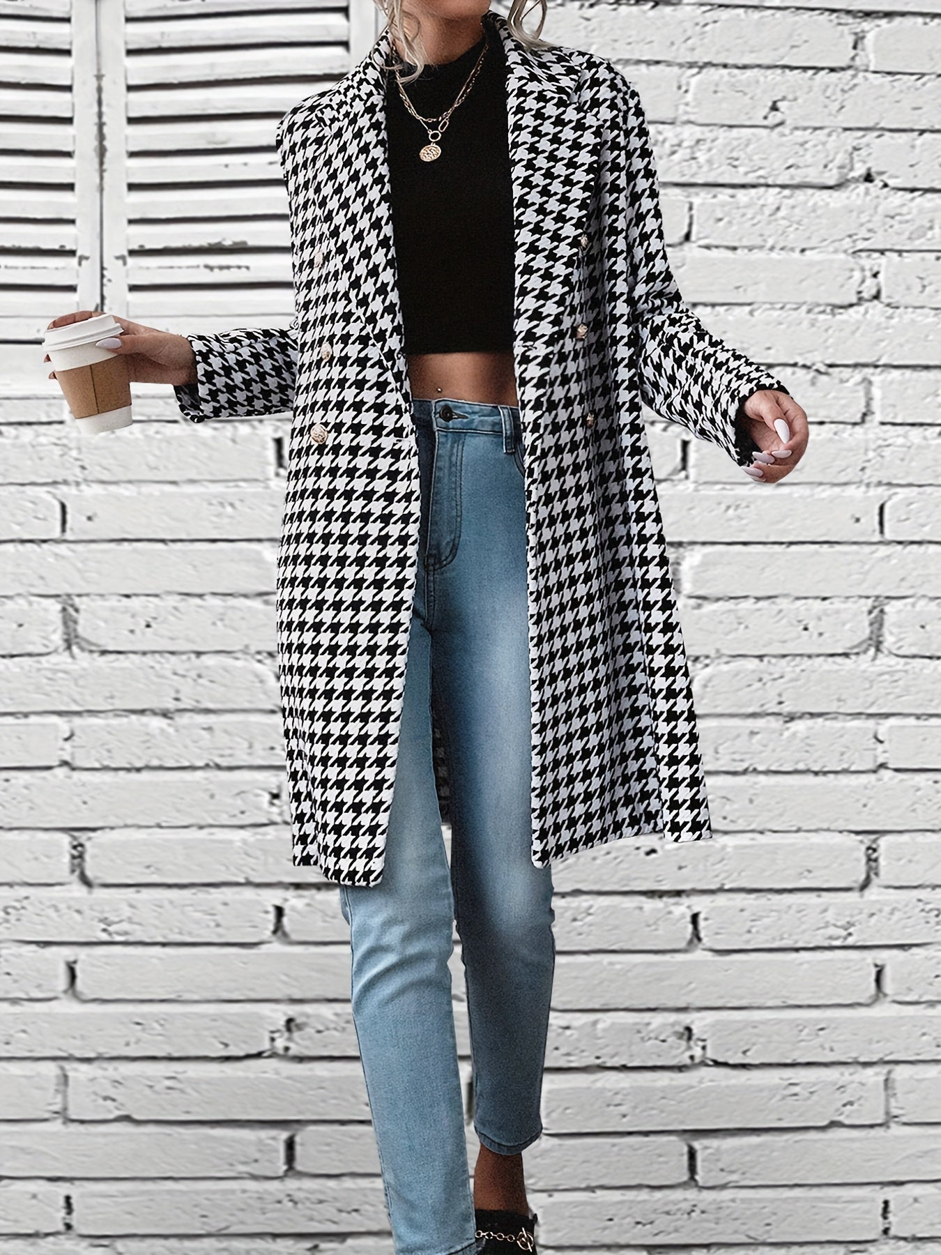 Houndstooth Print Blazer, Casual Double Breasted Long Length Outerwear, Women's Clothing