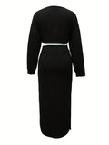 vlovelaw  Casual Solid Two-piece Skirt Set, Drawstring Long Sleeve Crop Top & High Waist Split Skirt Outfits, Women's Clothing