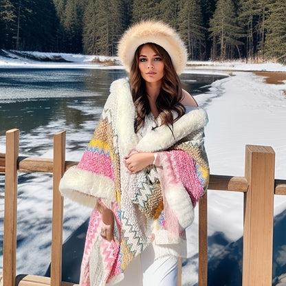 Personality Multicolor Wave Stripes Cardigan Poncho Vintage Faux Fur Collar Hairball Tassel Shawl Autumn Winter Thickened Warm Cape